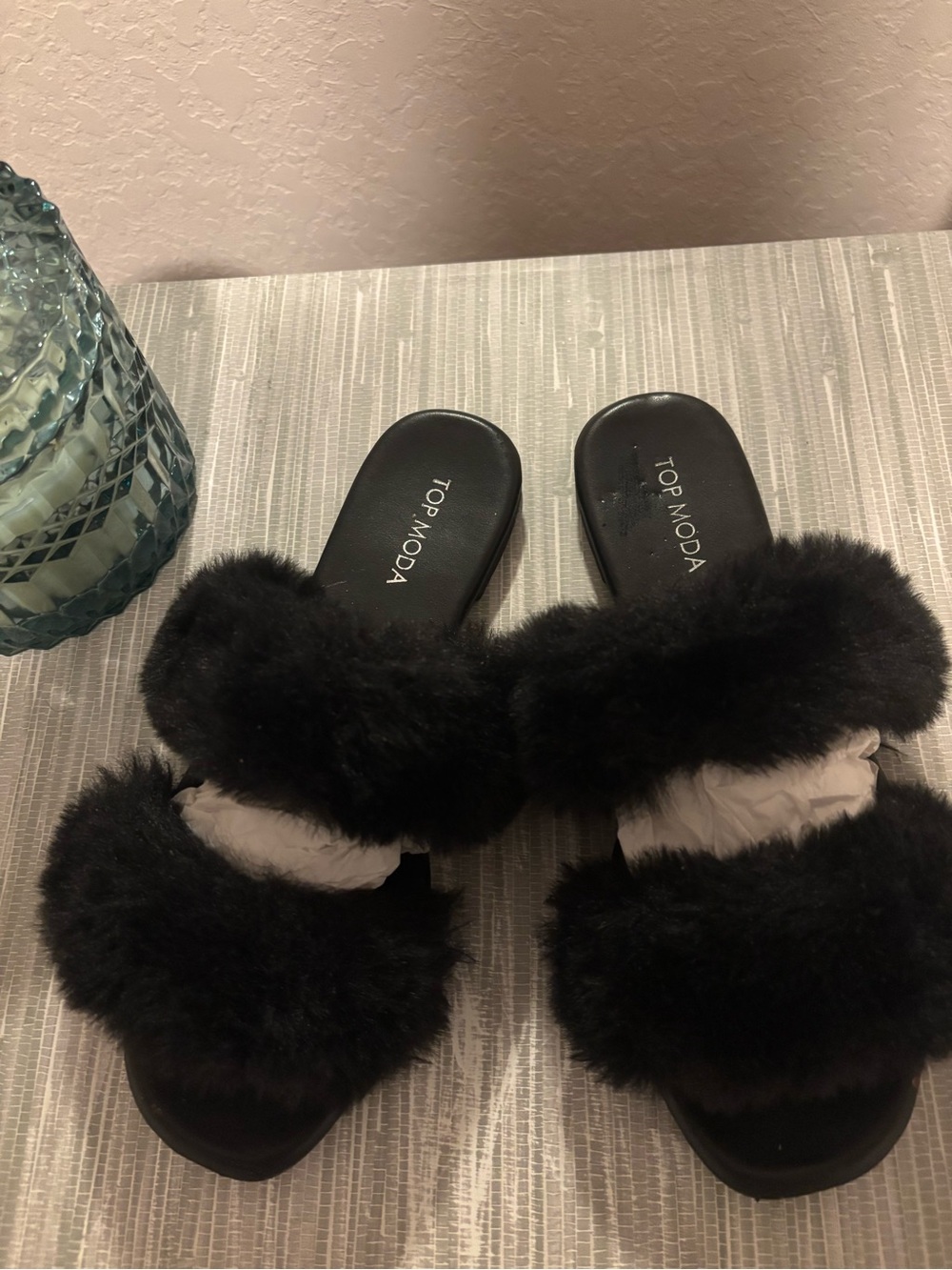 TOP Moda Black Faux Fur Double-Band Slide Slippers